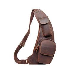 Leathario Brusttasche Herren Echtleder Crossbody Bag Sling Bag Brustbeutel Crossbag Sling Rucksack Schulterrucksack für Wandern Arbeit Radfahren Reise Braun von Leathario