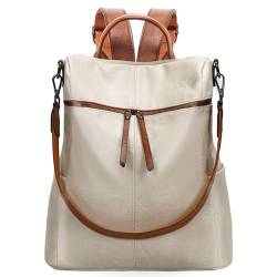 Leathario Damen Rucksack Vaganem Leder,Cityrucksack Groß und Wasserdicht, Rucksackhandtasche Stylisch Beige,Rucksack Elegant für Reise,Schule von Leathario