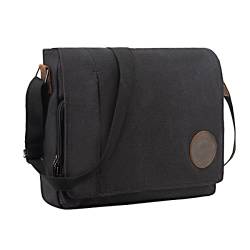 Leathario Herren Messenger Bag Umhängetasche aus Canvas und Echtleder Aktentsche Studententasche Laptoptasche 15,6 Zoll Schultertasche Kuriertasche Herrentasche Collegetasche Uni Studenten Schwarz von Leathario