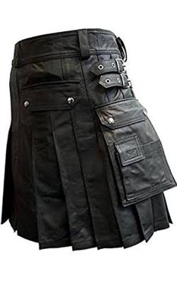 Herren-Kilt aus echtem Leder, Gladiator, plissiert, Schwarz Gr. 40W x 24L, Herren Kilt Larp aus echtem schwarzem Leder von Leather Addicts