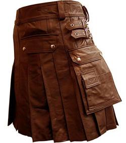 Herren-Kilt aus echtem braunem Leder, Gladiator-Faltenmuster, Utility-Kilt LARP Gr. 36W x 21L, Herren-Kilt aus echtem braunem Leder von Leather Addicts