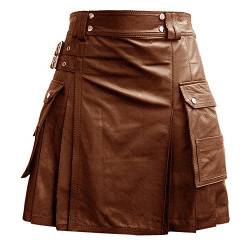 Leather Addicts Braunes und schwarzes Lederkleid Gladiator Utility Kilt Herren-Kostüm flache Vorderseite zwei Cargotaschen – The Irishman Scottish Kilt-Kostüme für Herren Gr. 34W x 24L, braun von Leather Addicts