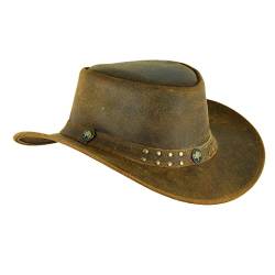 Leatherick Cowboyhut - Brauner geflochtener Hut Conchos-Nietenhut Jahrgang Outback-Hut Stil mit breiter Krempe und Kinn Kordel (L, Braun (Stud)) von Leatherick