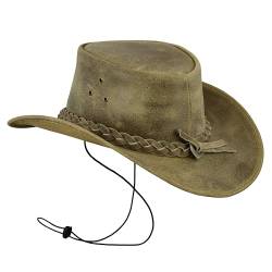 Leatherick Unisex-Cowboyhüte aus echtem Mad-Horse-Leder im West-Aussie-Stil mit Kinnriemen (L, Verrücktes Beigebraun) von Leatherick