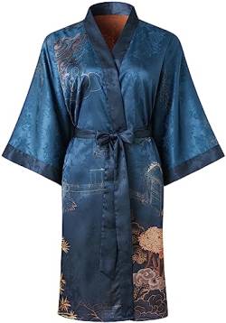 Ledamon Damen Kimono Kurz Robe - Klassischer Floral Bademantel Nachthemd (Dunkelblau) von Ledamon
