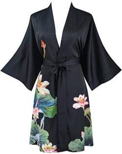 Ledamon Damen Kimono Kurz Robe - Klassischer Floral Bademantel Nachthemd (Schwarz-A) von Ledamon