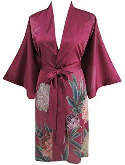 Ledamon Damen Kimono Kurz Robe - Klassischer Floral Bademantel Nachthemd (Weinrot) von Ledamon