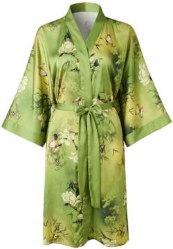 Ledamon Damen Kimono Kurz Robe für Frauen - Pocket Floral Bademantel Nachthemd (Grün/Gelb) von Ledamon