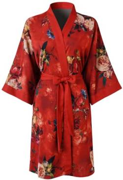 Ledamon Damen Kimono Kurz Robe für Frauen - Pocket Floral Bademantel Nachthemd (Rosenrot) von Ledamon