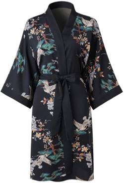 Ledamon Damen Kimono Kurz Robe für Frauen - Pocket Floral Bademantel Nachthemd (Schwarz) von Ledamon