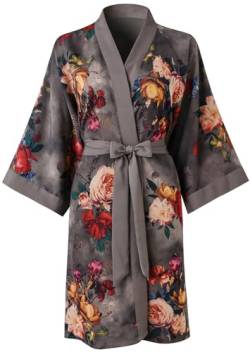 Ledamon Damen Kimono Kurz Robe für Frauen - Pocket Floral Bademantel Nachthemd (Schwarzgrau) von Ledamon