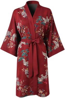 Ledamon Damen Kimono Kurz Robe für Frauen - Pocket Floral Bademantel Nachthemd (Weinrot) von Ledamon