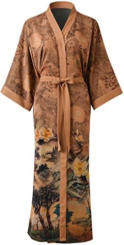Ledamon Damen Kimono Langer Robe - Klassischer Floral Bademantel Nachthemd (Champagnerfarben) von Ledamon