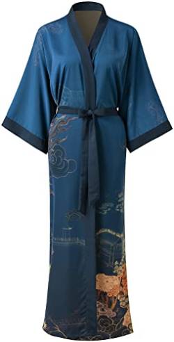 Ledamon Damen Kimono Langer Robe - Klassischer Floral Bademantel Nachthemd (Dunkelblau) von Ledamon