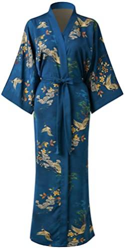 Ledamon Damen Kimono Robe Lang für Frauen - Pocket Floral Bademantel Nachthemd (Dunkelblau) von Ledamon