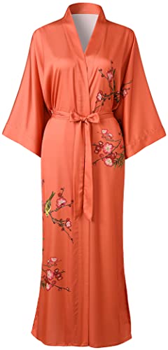 Ledamon Damen Kimono Robe Lang für Frauen - Pocket Floral Bademantel Nachthemd (Orange) von Ledamon