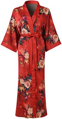 Ledamon Damen Kimono Robe Lang für Frauen - Pocket Floral Bademantel Nachthemd (Rosenrot) von Ledamon