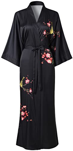 Ledamon Damen Kimono Robe Lang für Frauen - Pocket Floral Bademantel Nachthemd (Schwarz) von Ledamon