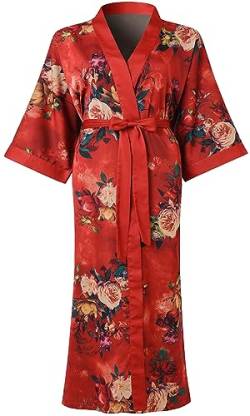 Ledamon Damen Plus Größe Kimono Robe lang für Frauen - Tasche Floral Bademantel Nachthemd (Rosenrot) von Ledamon