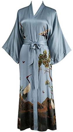 Ledamon Damen Seide Kimono Robe Bademantel, 100% Seide - klassische Floral Morgenmantel Nachthemd (Blau Grau) von Ledamon