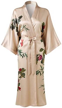 Ledamon Damen Seide Kimono Robe Bademantel, 100% Seide - klassische Floral Morgenmantel Nachthemd (Champagnerfarben) von Ledamon