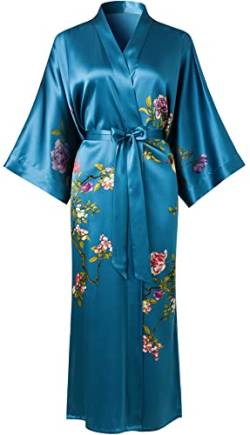 Ledamon Damen Seide Kimono Robe Bademantel, 100% Seide - klassische Floral Morgenmantel Nachthemd (Dunkelblau) von Ledamon