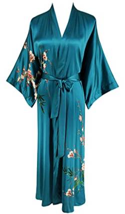 Ledamon Damen Seide Kimono Robe Bademantel, 100% Seide - klassische Floral Morgenmantel Nachthemd (Dunkelgrün) von Ledamon