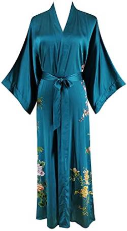 Ledamon Damen Seide Kimono Robe Bademantel, 100% Seide - klassische Floral Morgenmantel Nachthemd (Dunkelgrün-b) von Ledamon