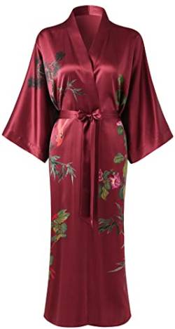 Ledamon Damen Seide Kimono Robe Bademantel, 100% Seide - klassische Floral Morgenmantel Nachthemd (Dunkelrot-A) von Ledamon
