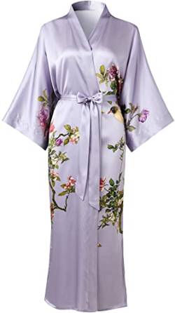 Ledamon Damen Seide Kimono Robe Bademantel, 100% Seide - klassische Floral Morgenmantel Nachthemd (Helles Violett) von Ledamon