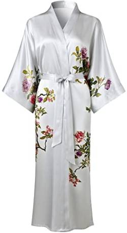 Ledamon Damen Seide Kimono Robe Bademantel, 100% Seide - klassische Floral Morgenmantel Nachthemd (Hellgrau) von Ledamon