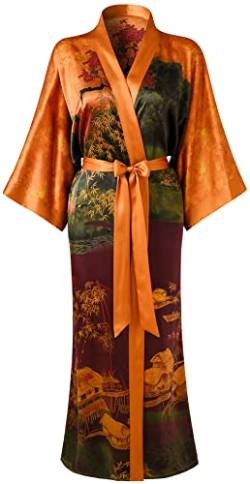 Ledamon Damen Seide Kimono Robe Bademantel, 100% Seide - klassische Floral Morgenmantel Nachthemd (Landschaft – Goldfarben) von Ledamon