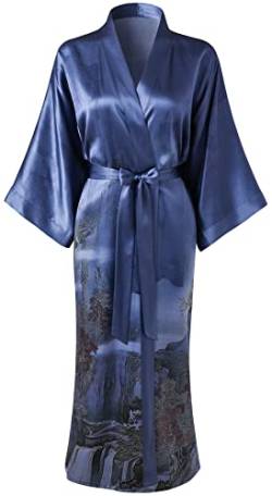 Ledamon Damen Seide Kimono Robe Bademantel, 100% Seide - klassische Floral Morgenmantel Nachthemd (Landschaftsgrau blau) von Ledamon