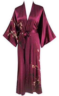 Ledamon Damen Seide Kimono Robe Bademantel, 100% Seide - klassische Floral Morgenmantel Nachthemd (Weinrot) von Ledamon