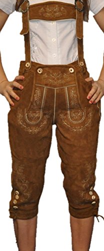 Kniebundhose Leder Damen Wildbock - Trachtenlederhose Damen Kniebundlederhose -Trachten Lederhose mit Träger Schlamm- Trachtenhose Knielang aus echt Leder (38, Schlamm) von LederGwand