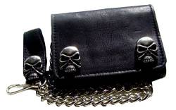 Biker-Leder-Geldbörse Wallet Leder H.D. Skull Silber Leder-arbe schwarz mit Kette und Gürtelscklaufe mit Druckknopf von Lederecke Konstanz