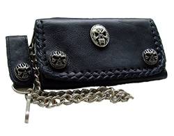 Biker-Leder-Geldbörse Wallet Zierniete Bad-Skull Leder-Farbe Schwarz 16x10cm mit Kette und Schlaufe mit Druckknopf von Lederecke Konstanz