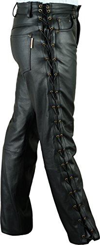 Fuente Schnürlederhose mit seitlich Schnürung- Biker Lederhose Herren Damen Bikerjeans -Schnür Lederjeans Motorrad Schnürjeans Schnürhose aus Rind Mild echt Leder Schwarz (44 EU) von Lederprofi