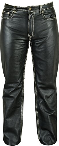 Fuente Slim Röhren Lederhose lang Herren/Damen eng- Lederjeans - Echt Leder Rind Mild Nappa mit Ziernaht Kontrast, Lederhose Jeans 501 Schwarz-Weiß- Motorrad Lederhose Lederjeans (52, Schwarz) von Lederprofi