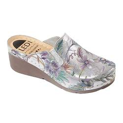 Ledi Anatomic 105-5 Lederschuhe Clog Pantolette Komfortschuhe Hausschuhe, Damen, Silber-Blume, EU 36 von Ledi