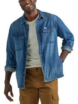 Lee Herren Workwear Loose Fit Langarm Button-Down Overshirt, Blue Denim Mid Wash, Mittel von Lee