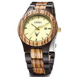 LeeEv Holzuhren, Uwood Serie Zebra Sandelholz japanische Quarz Analoguhr für Herren mit Kalender Unisex Armbanduhr von LeeEv