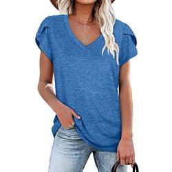 Leezepro Damen Sommer Petal Sleeve T-Shirt Casual V-Ausschnitt Basic Tops Kurzarm Oberteil Einfarbige Bequeme Sommerbluse Tops Shirt(Blau,L) von Leezepro