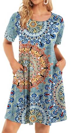 Leezepro Damen Sommerkleid Sommer Ärmellos Strandkleid mit Taschen Elegant Kleid Knielang Tankkleid für Strand(Blau Blumen,XL) von Leezepro
