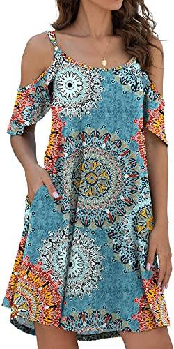 Leezepro Damen Sommerkleider Urlaub Off-Shoulder Strandkleid A-line Trägerkleid mit Tasche Casul midi Kleid Blumenmuster Kleider(Blau-Print,S) von Leezepro