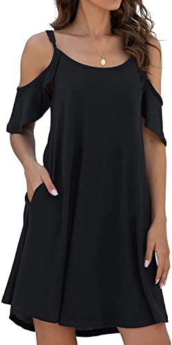 Leezepro Damen Sommerkleider Urlaub Off-Shoulder Strandkleid A-line Trägerkleid mit Tasche Casul midi Kleid Blumenmuster Kleider(Schwarz,S) von Leezepro