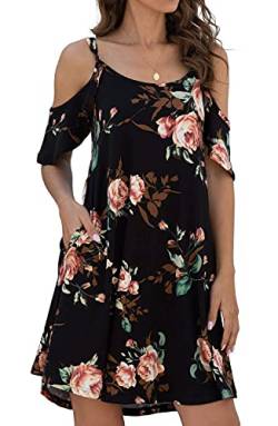 Leezepro Damen Sommerkleider Urlaub Off-Shoulder Strandkleid A-line Trägerkleid mit Tasche Casul midi Kleid Blumenmuster Kleider(Schwarz-Blumen,M) von Leezepro