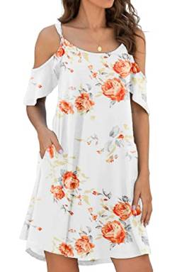 Leezepro Damen Sommerkleider Urlaub Off-Shoulder Strandkleid A-line Trägerkleid mit Tasche Casul midi Kleid Blumenmuster Kleider(Weiß-Blumen,L) von Leezepro