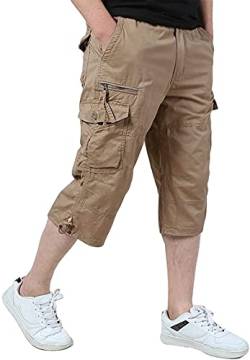 Leezepro Herren Kurze Cargohose 3/4 Hose Herren Cargo Shorts Männer Bermuda Multi Taschen Gummibund Lässig Outdoorhose Arbeitshose(S,Khaki) von Leezepro