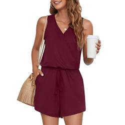 Leezepro Sommer Jumpsuit Damen Elegant V-Ausschnitt Playsuit Casual Overalls Kurz Romper einfarbiges Hosenanzug(Rot,S) von Leezepro